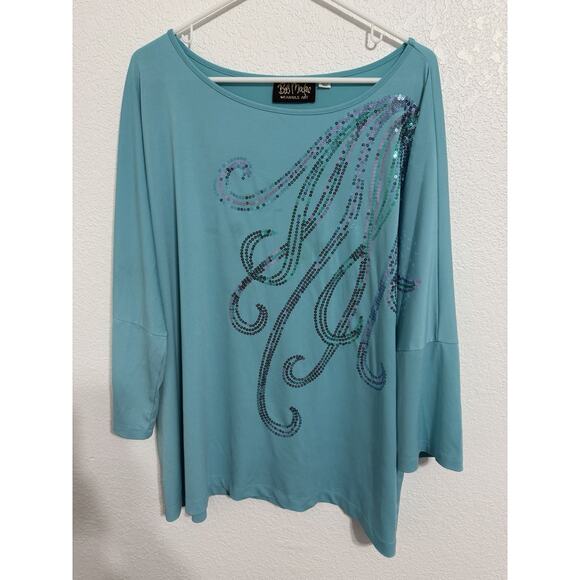 Bob Macke Wearable Art Women’s Plus Size 2X Sequin Turquoise Top Blouse - Picture 1 of 4